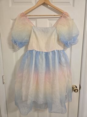 Pieces Women's Pastel Ombre Puff-Sleeve Organza Babydoll Dress Size Medium